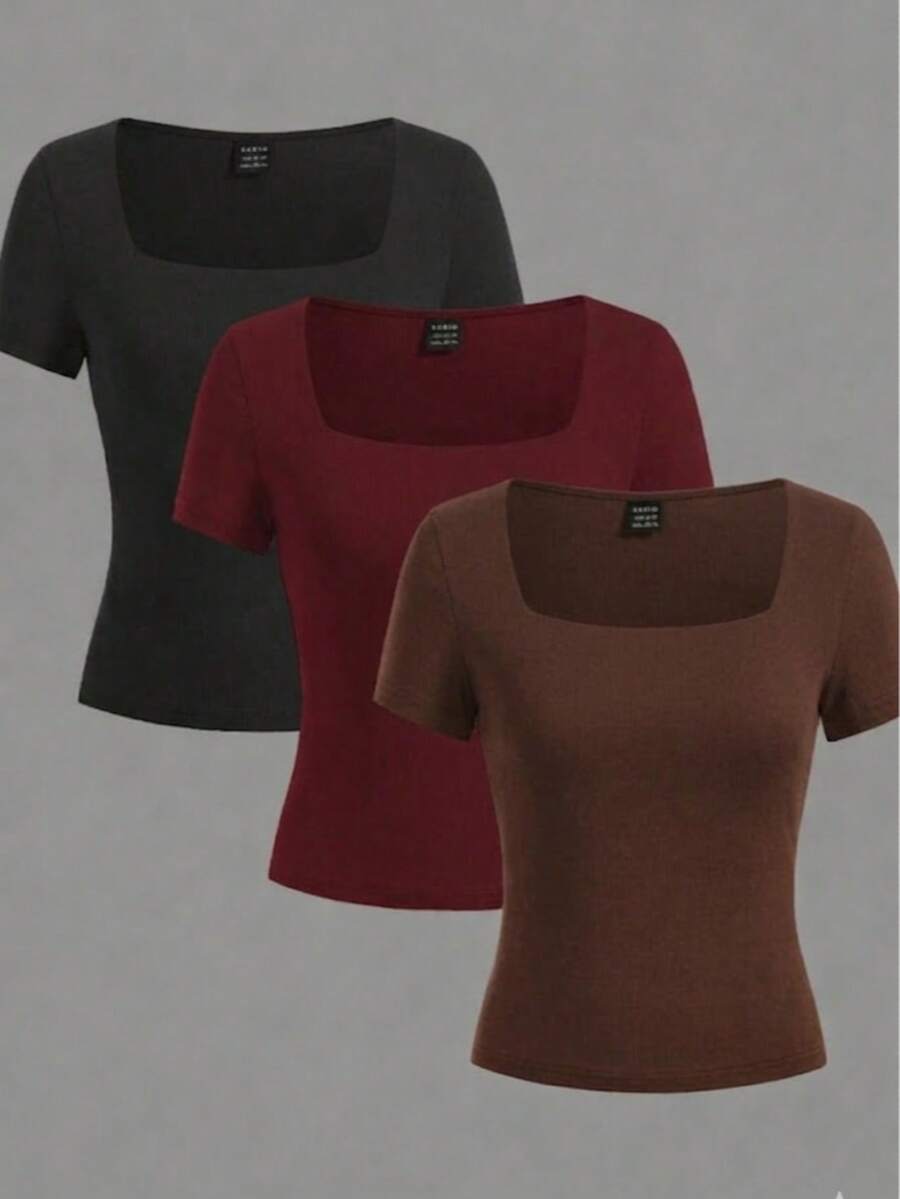 Women's Solid Color Square Neck Casual Versatile Daily Wear Short Sleeve T-Shirt - Burgundy - View 1