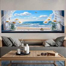 1 Pieza de Arte de Pared con Marco de Paisaje de Playa y Margaritas - Margarita Costera Moderna, Lienzo Envolvente con Marco de Madera Adecuado para Decoración Moderna, Contemporánea y Costera - Regalo Perfecto para Vacaciones, Presente de Inauguración de Casa en la Playa (Listo para Colgar), 2D - Enmarcado - Ver 4