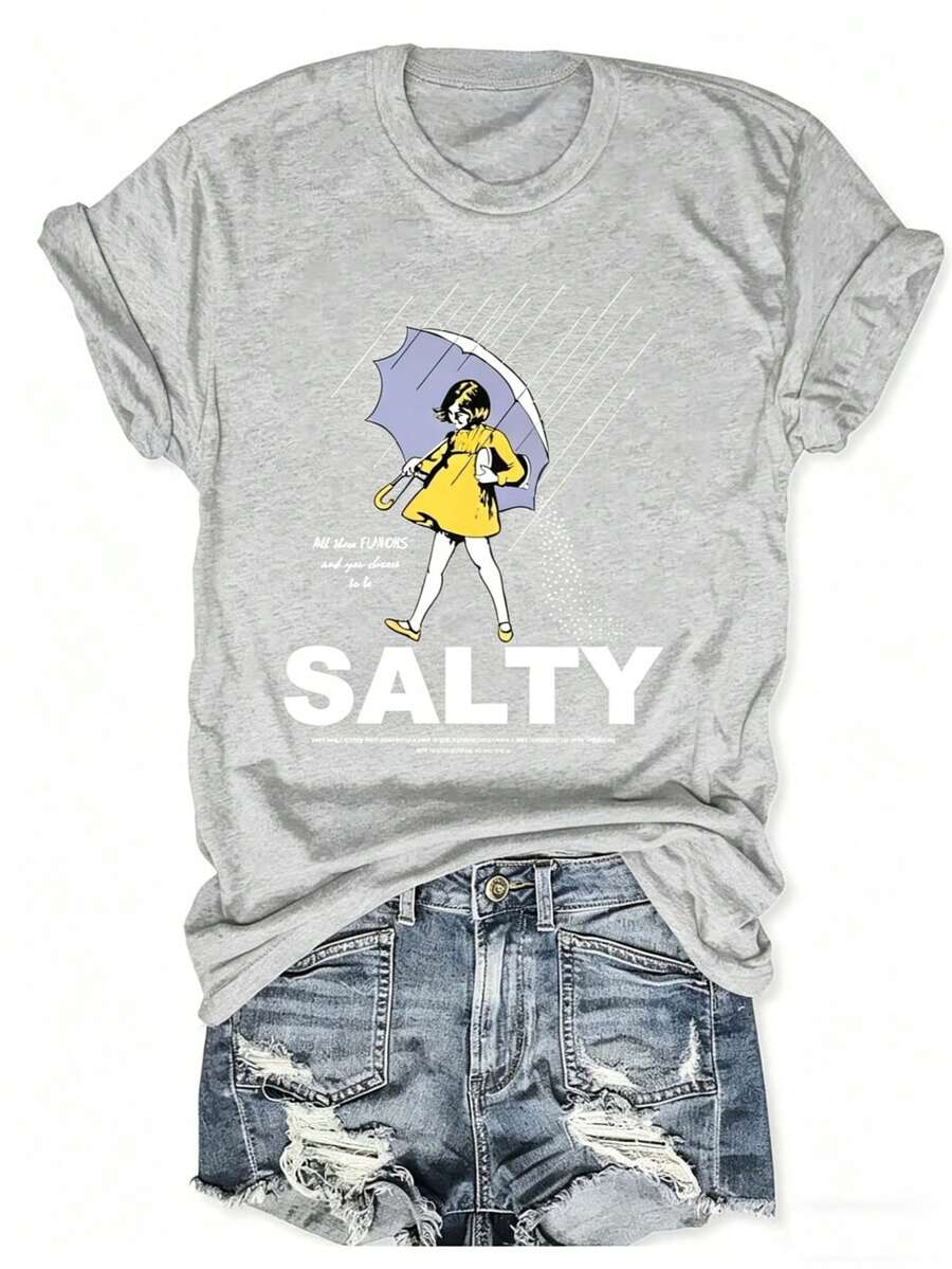 Plus Size Salty With Umbrella Graphic Tee - Vintage Style Summer Beachwear For Women, Perfect For Vacation And Everyday Wear, T-Shirt-Unisex - 淺灰色 - 查看 1