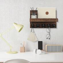 Organizador de llaves montado en la pared con estante, soporte decorativo para llaves y correo, incluye ganchos grandes para bolsas, abrigos, paraguas, hecho de madera de paulonia, incluye accesorios de instalación - Ver 4