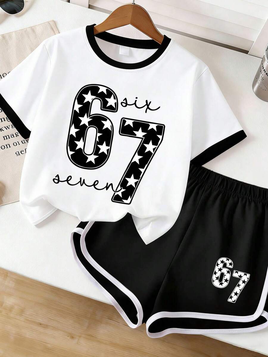 青少年女孩黑色數字「67」星星印花短袖上衣與短褲兩件套,夏秋短袖套裝,適合青少年學校返校穿著 - 彩色 - 查看 1
