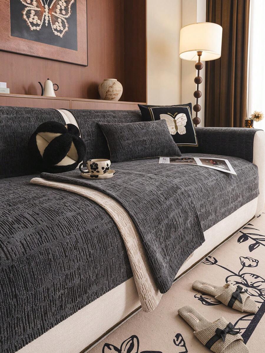 1 chiếc đệm sofa vải nhung màu trơn, chống trượt & dùng được cả bốn mùa, kiểu dáng đơn giản. Trang trí nhà cửa đơn giản cho phòng khách, vỏ bọc sofa có thể giặt máy, chống trầy xước do thú cưng, vẻ ngoài cao cấp. - màu đen - Xem 1