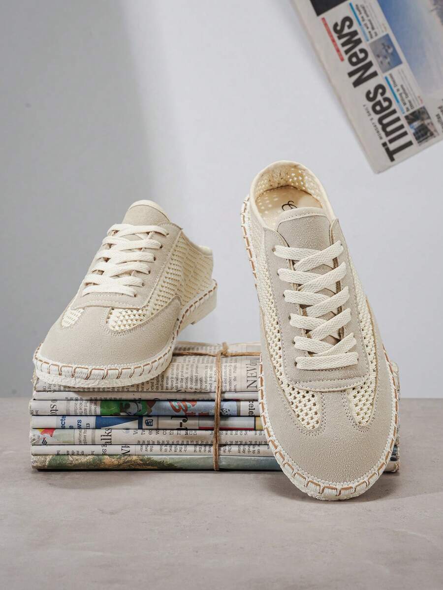 男士夏季新款草底穆勒鞋，透气网面套脚休闲渔夫凉鞋 - 米色 - 查看 1