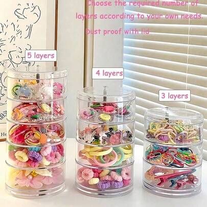 这款三/四/五层旋转首饰收纳架，适用于耳环、发夹、发带等饰品。它是一款简约优雅的首饰收纳架，可用作戒指架、项链盒和旋转首饰架。非常适合收纳耳环、戒指、项链、手镯、口红、手表、美甲饰品、吊坠和发夹等。它是首饰展示和收纳的理想一体化解决方案。