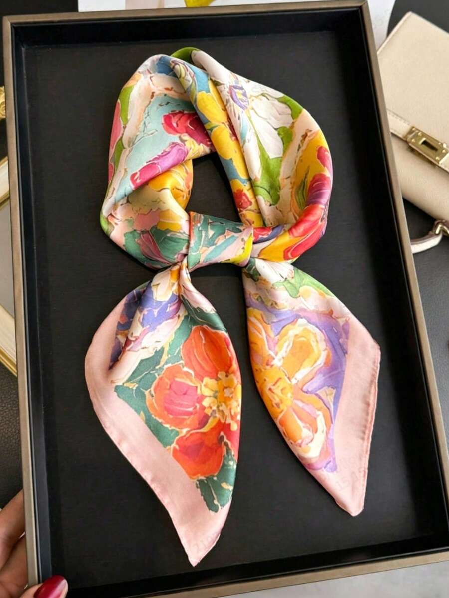 1pc Vintage Painting Style Colorful Floral Scarf, Multi-Purpose Hair Tie & Decorative Neckerchief,Travel Essential,Beach Towel - Multicolor - View 1