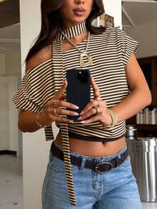 Women's Striped Off-Shoulder Cropped Top | Lace-Up High Neck Design - Multicolor - View 1