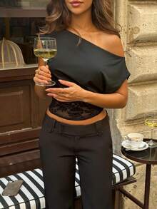 QUNGIGU Áo croptop nữ gợi cảm cổ lệch, viền ren đen, kiểu dáng thanh lịch hở vai, thích hợp cho đi chơi, hẹn hò, dự tiệc. - màu đen - Xem 5