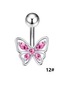 1件亲肤钛钢肚脐环，镶嵌水钻花朵和蝴蝶锆石肚脐穿刺饰品，粉色心形锆石肚脐环 - 愛心臍釘 - 查看 17