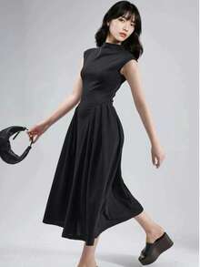 Women's Elegant Black Pleated Midi Dress With Stand Collar Neck - Black - View 3