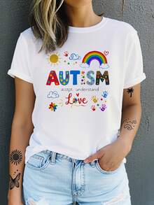 A  And Cute T-Shirt To Promote Acceptance And Understanding Of Autism. This Women's T-Shirt Features A Cartoon Print, A Loose Fit, Short Sleeves, A Round Neck, And A Stylish, Unisex Design. It's Perfect For Going Out And Has A Vintage-Style Print. The Round Neck And Short Sleeves Make It Machine Washable. Ideal For Easter And Mother's Day. - 白色 - 查看 8