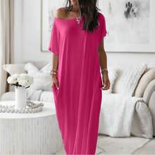 Women Casual Solid Color Short Sleeve Long Dress Summer Fashion Loose Maxi Dress - xanh quân đội - Xem 4