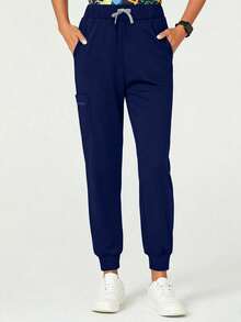 cimmuovere High Waist Fitted Workwear - Multi-Pocket Design - Slim Breathable Pants - Side Zipper Pockets - Elastic Hem Spring - Navy Blue - View 6