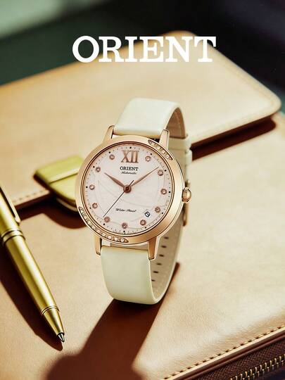 Orient 女士自动机械腕表 FER2H003W0，玫瑰金水晶表圈，象牙色表盘，罗马数字时标，自动上链，象牙色皮革表带，浪漫正装腕表，带日期显示，送给女友/妈妈的奢华礼物，适合婚礼、派对、宴会、花园婚礼等场合。