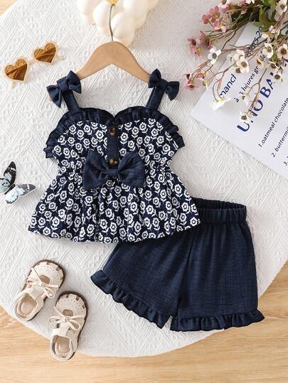 2pcs/Set Girls' Summer Fashion 3D Bow Floral Print Shorts Set, Children Beach Outdoor Holiday Elastic Waist Elegant Outfit