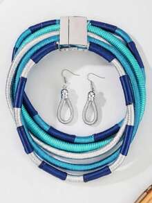 1 Set, African Wrapped Necklace Set, Handwoven Light Blue Multi-Layer Cord Necklace And Earrings - Baby Blue - View 2