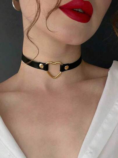 1pc Women's Sexy Choker Punk Necklace, Goth Style Black PU Leather Tassel Rivet Necklace, Bondage Bell Party Jewelry Accessory