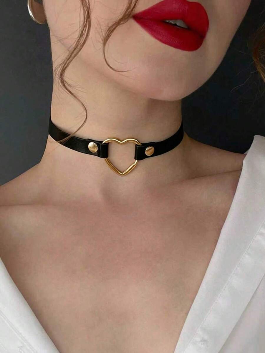 1件装女士性感朋克风颈链，哥特风黑色PU皮革流苏铆钉项链，束缚铃铛派对饰品配饰 - 金色 - 查看 1