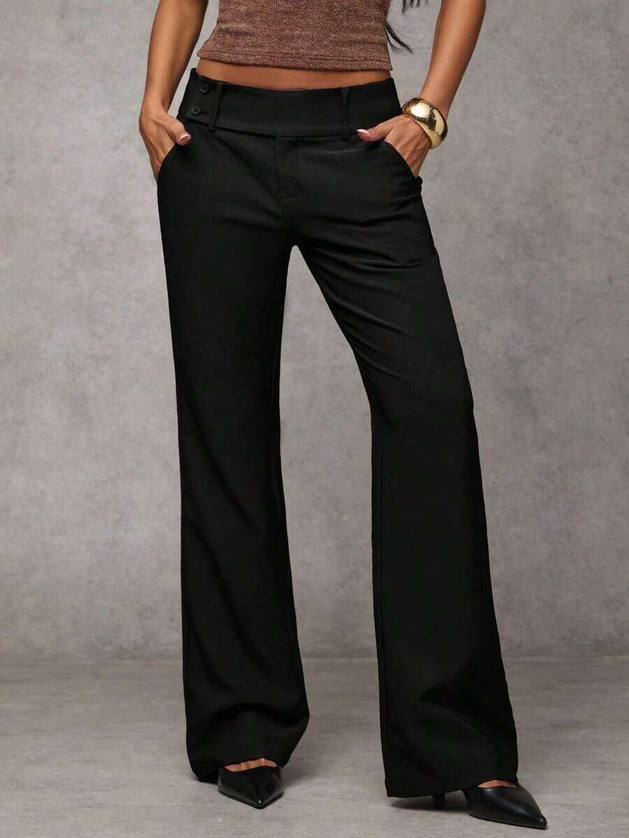 Pantalones casuales de unicolor y talle bajo para mujer - Negro - Ver 1