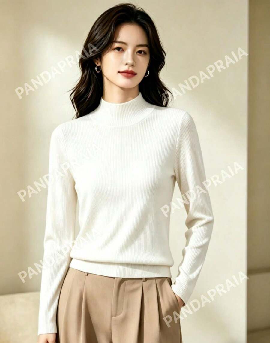 Women's Thermal Fleece Blouse, Ribbed High Neck, Winter Long Sleeve - Blanco - Ver 1