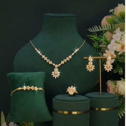5件套18K镀金奢华花卉设计新娘首饰套装，镶嵌白色立方氧化锆，包括项链、手链、耳环和戒指，适合日常佩戴和婚礼场合，母亲节礼物