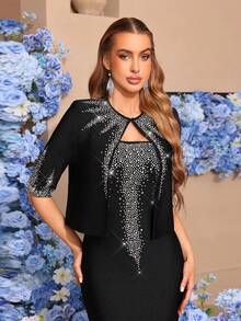 Nuovo set elegante e alla moda da due pezzi, composto da top decorato con diamanti di alta qualità e abito nero, adatto per matrimoni, vacanze, feste e occasioni formali - nero - Visualizzare 2