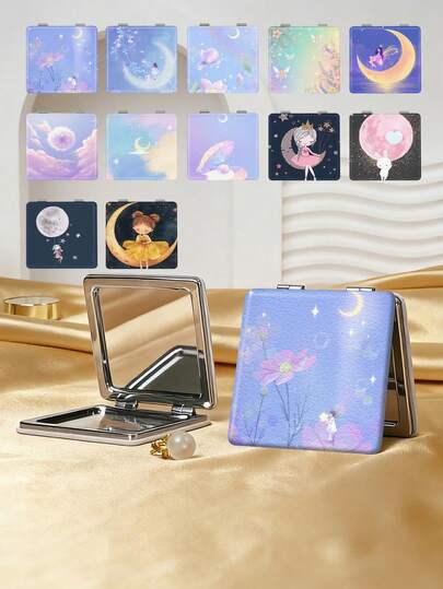 1pc Portable Compact Folding Makeup Mirror, Cute Moon Design, Lightweight PU Leather, Suitable For Travel, Gatherings, Work, School, All Ages
