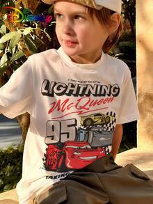 Disney Authorization - Youth Boys' Clothing Summer Round Neck Short Sleeves - Cars Main Character - Printed Pattern Design Round Neck T-Shirt, Pattern T-Shirt Pullover, Boys' Clothing, 180g Polyester Soft Fabric, Suitable For Boys' Back To School, Party, Outdoor, Travel Wear - 白色 - 查看 2