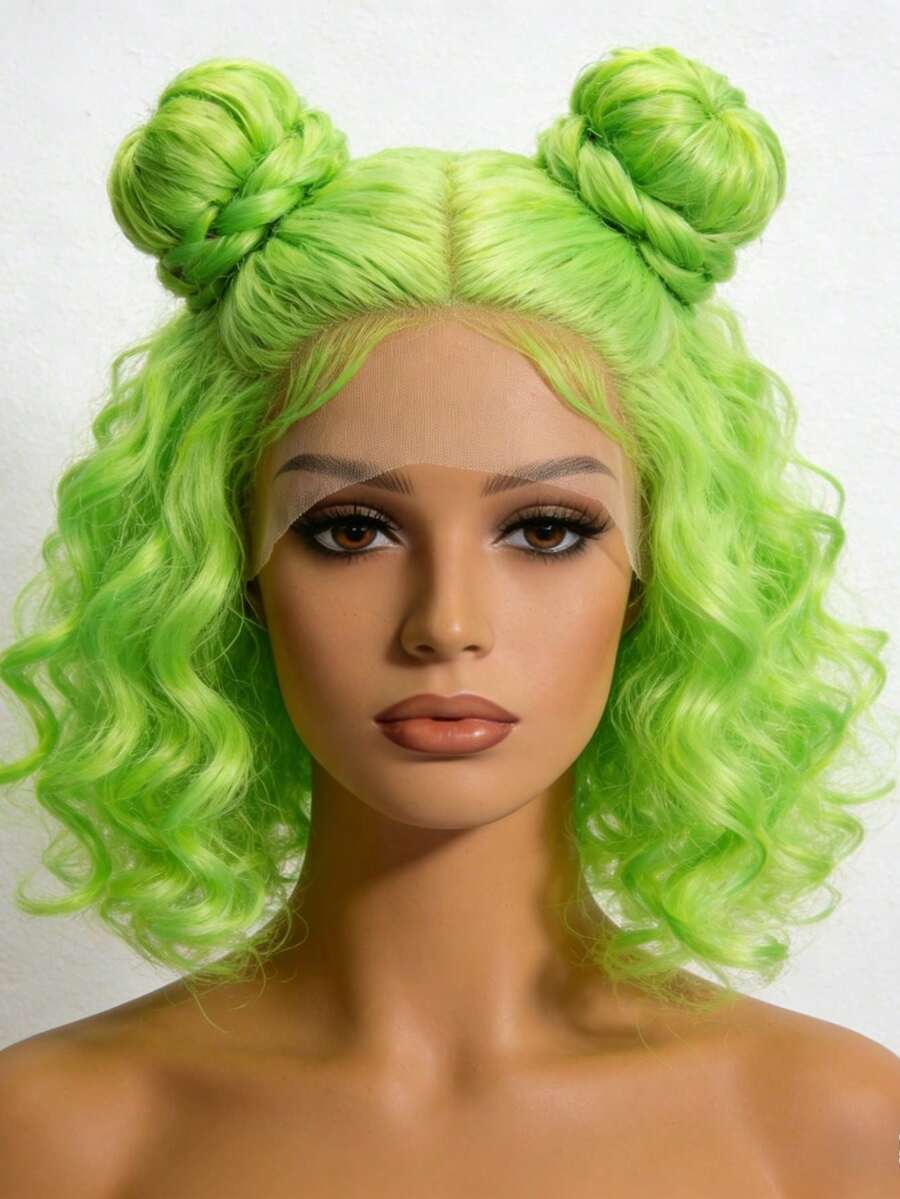 Fluorescent Green Wig Short Bob Curly Lace Front Wig For Women 13x4 Hd Lace Front Wig Pre Plucked Glueless Wigs Synthetic Lace Front Wig Heat Resistant Fiber Music Festival Dance Party Street Wear Use For Cosplay Use - 螢光綠 - 查看 1