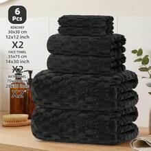 This 6-Piece Bath Towel Set Includes 2 Bath Towels, 2 Hand Towels, And 2 Face Towels. The Dark-Colored Cloud-Patterned Fleece Bath Towels Are Lightweight, Soft, And Easy To Carry. They Are Stylish, Stain-Resistant, And Suitable For Bathroom Decorations. Perfect For Bathing, Fitness, Swimming, Spas, Etc. A Great Valentine's Day Gift. - Black - View 1
