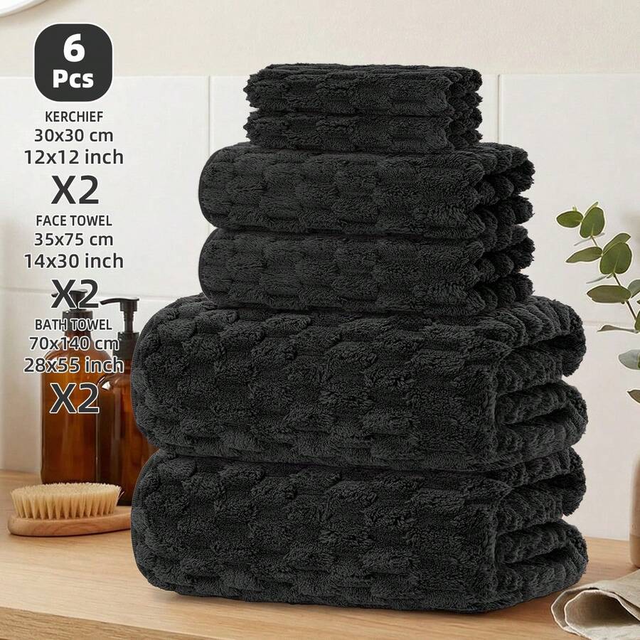 This 6-Piece Bath Towel Set Includes 2 Bath Towels, 2 Hand Towels, And 2 Face Towels. The Dark-Colored Cloud-Patterned Fleece Bath Towels Are Lightweight, Soft, And Easy To Carry. They Are Stylish, Stain-Resistant, And Suitable For Bathroom Decorations. Perfect For Bathing, Fitness, Swimming, Spas, Etc. A Great Valentine's Day Gift. - Black - View 1