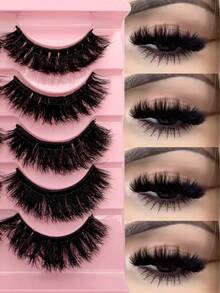 5 Pairs New Arrival Fluffy & Voluminous Full Strip False Eyelashes, Curled & Long-Lasting, Soft Stem Design, Easy To Apply, Reusable, Beginner-Friendly. Complete False Eyelashes, Cartoon Style Lashes - Black - View 1