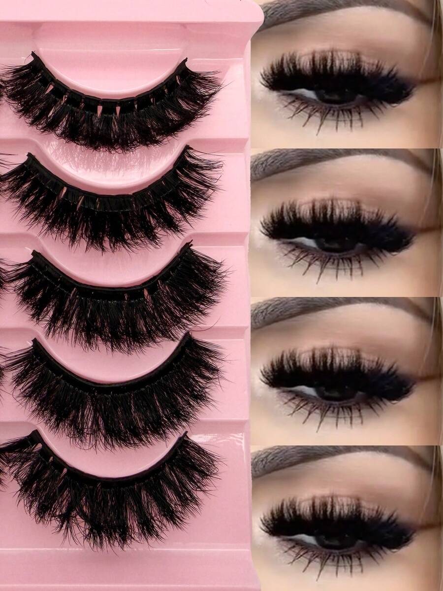 5 Pairs New Arrival Fluffy & Voluminous Full Strip False Eyelashes, Curled & Long-Lasting, Soft Stem Design, Easy To Apply, Reusable, Beginner-Friendly. Complete False Eyelashes, Cartoon Style Lashes - Black - View 1