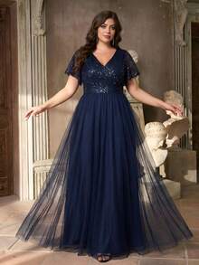 Vestido Formal de Tule com Mangas Bufantes, Lantejoulas e Babados, Vestido de Baile Elegante, Vestido de Festa de Gala Azul Marinho para Convidado de Casamento na Primavera/Verão, Festa de Dia dos Namorados - Azul Marinho - Visão 2
