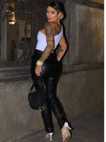 Women's Premium Faux Leather Skinny Pants, High Waist, Autumn/Winter - màu đen - Xem 2
