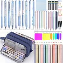 Bộ dụng cụ học tập thẩm mỹ gồm hộp bút lớn, 12 bút dạ quang, 10 bút bi mực đen, bút viết dễ thương mực đen & hồng, ngòi 0.5 mm mềm mịn, 6 bút chì bấm, giấy ghi chú, bộ văn phòng phẩm thiết yếu đầy đủ cho học sinh. Túi đựng văn phòng phẩm dùng cho trường học, cao đẳng, văn phòng phẩm dành cho thanh thiếu niên, nữ sinh, người lớn và học sinh. - Bộ - Xem 11