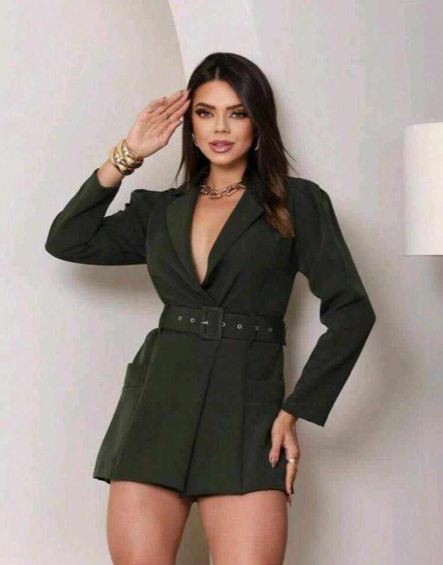 Women's Short Blazer Jumpsuit With Long Sleeves And Belt - Sophisticated, Elegant And Versatile Design - 墨綠色 - 查看 1