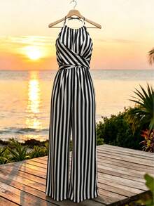 Women's Printed Fabric Waist Jumpsuit, Elegant For Holiday And Everyday Wear With Backless Neckline Summer - Multicolor - View 4