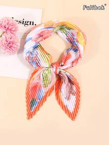 1pc Women's Versatile Bandana Scarf, Crinkle Printed Neckerchief Headband, Suitable For All Seasons And Daily Use,Travel Essential,Beach Towel - Orange - View 5
