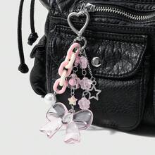 1件创意甜美女孩休闲可爱白色仿珍珠仿水晶圆珠粉色树脂亚克力半透明樱花链蝴蝶结闪光镂空星星像素爱心毛绒3D卡通泰迪熊钥匙扣包挂件，适合女性、女孩、姐妹、闺蜜、日常佩戴、节日礼物 - 彩色 - 查看 5