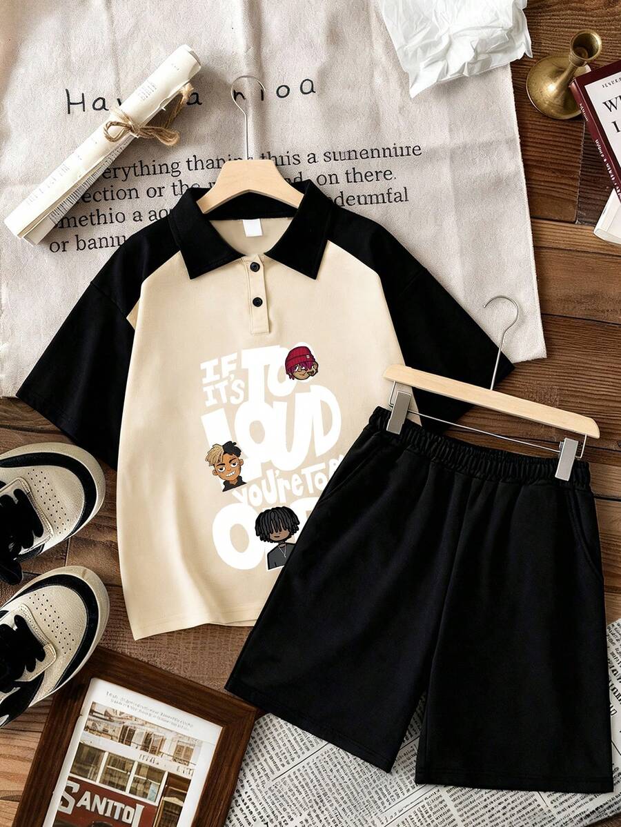 2件套青少年男童字母印花短袖T恤和短裤套装，休闲嘻哈风格服装 - 杏色 - 查看 1