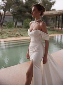Sexy Off-Shoulder Ruched Satin Mermaid Wedding Dress With High Slit & Detachable Train, Wedding Dresses For Bride, Elegant And Comfortable, Includes Plus Sizes, Bridal Gown, Formal Dresses For Women, Suitable For Wedding, Party, Vacation, Bride, Formal Occasions, Dinner Dress, Prom Dress, After-Party Dress, Homecoming Dress, Cocktail Party, Birthday Party, Celebration, Gala, Festival, Ceremony - 白色 - 查看 4