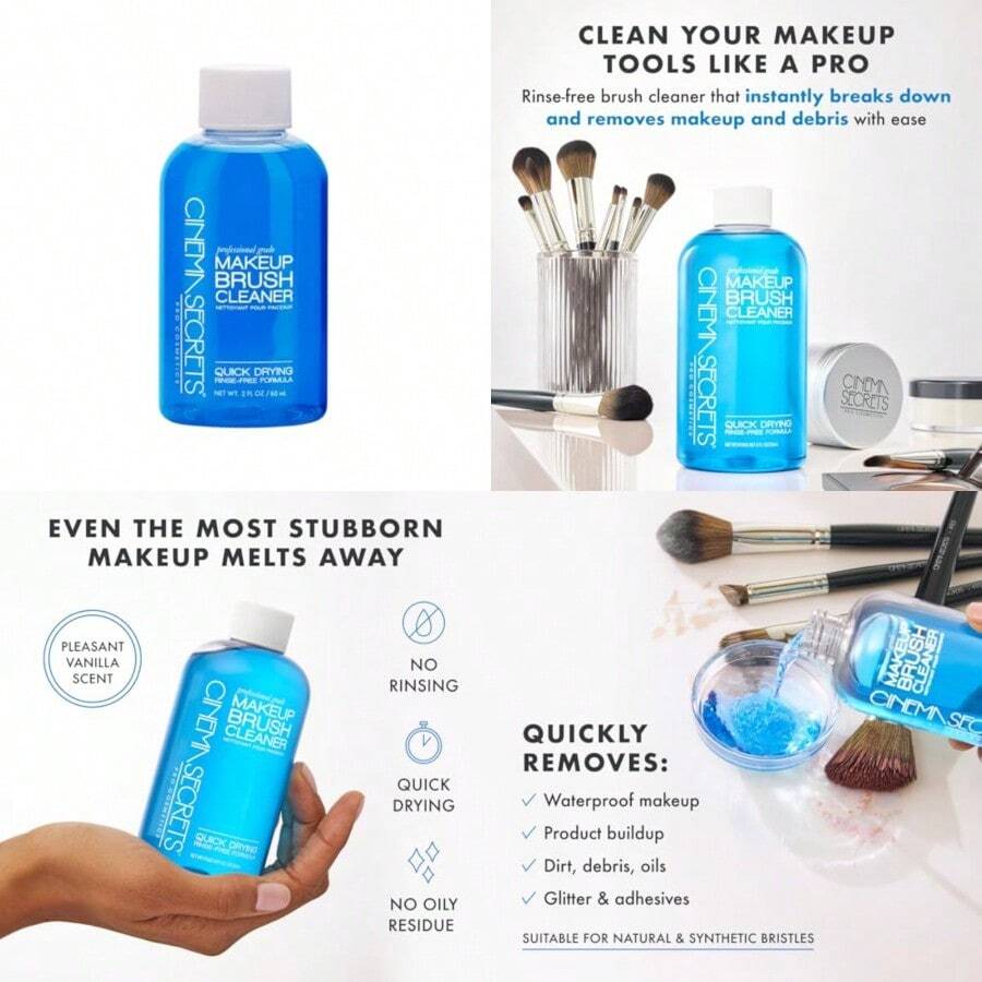 Cinema Secrets Original Blue Vanilla Makeup Brush Cleaner Solution - Professional Cleanser For Makeup Brushes - Quick-Drying Rinse-Free Formula - Removes Stubborn Waterproof Make Up - 2 Oz Pack Of 1 - View 1