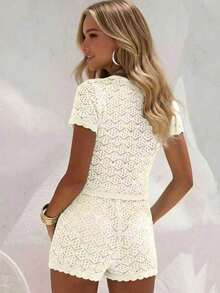 Women's Summer Vacation Set, Crochet Mesh Hollow Out Beach Short Sleeve Knit Cover Up + Shorts 2 Piece Set - Women's Vacation 2 Piece Set, Crochet Cover Up Nightclub Outfit, Women's Fitted Style White - Màu be - Xem 3