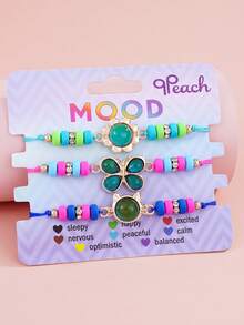 3pcs/Set Girls' Temperature Sensitive Color Changing Cat, Flower, Butterfly Pendant Beaded Adjustable Rope Chain Bracelet, Children Gift - Multicolor - View 1