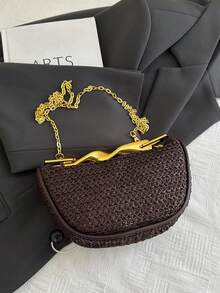 法式复古扭绳手柄草编新月包，2025夏季新款编织腋下包，小众设计单肩斜挎包 - 黑色 - 查看 7