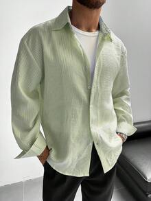 GloMan 男士紋理條紋鈕扣長袖襯衫，寬鬆休閒，適合夏季/秋季情侶穿搭，日常、工作、度假，送給父親/丈夫的禮物 - 綠色 - 查看 2