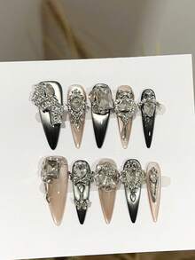 10Pcs/Set Handmade Press-On Nails, Y2K Extra Long Stiletto Nail Tips, Black Silver French Cat Eye Gel Nail Stickers With Crystal, Flower, Butterfly & Heart Designs, Unisex For Women & Girls, Perfect For Party, Prom & Daily Wear, With Accessories, Ideal Gift - Multicolor - View 2