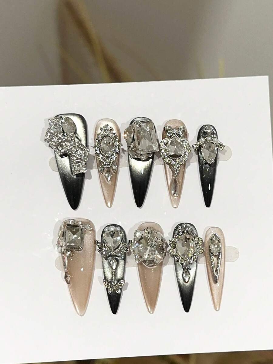 10Pcs/Set Handmade Press-On Nails, Y2K Extra Long Stiletto Nail Tips, Black Silver French Cat Eye Gel Nail Stickers With Crystal, Flower, Butterfly & Heart Designs, Unisex For Women & Girls, Perfect For Party, Prom & Daily Wear, With Accessories, Ideal Gift