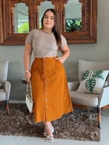 Women's Plus Size Long Denim Skirt, Flared, Caramel Color, High Waist, 100% Cotton, No Lycra - Lạc đà - Xem 7
