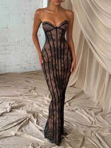Elegant Strapless Lace Bodycon Long Party Evening Dress - Black - View 5